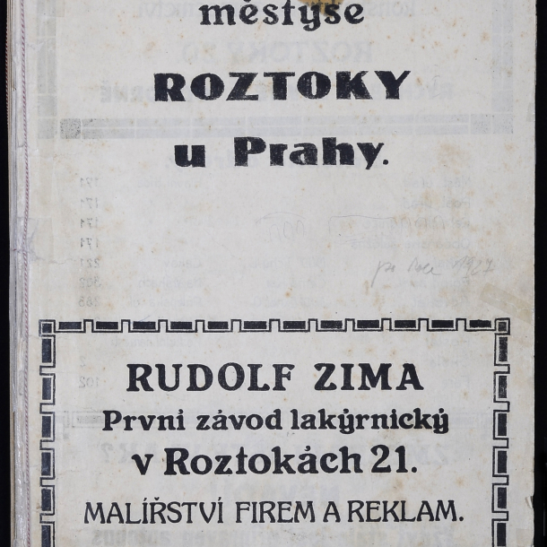 Adresář městyse Roztoky (jmenný rozsah A–W), datovaný přibližně do 30. let 20. století Adresář městyse Roztoky (jmenný rozsah A–W), datovaný přibližně do 30. let 20. století