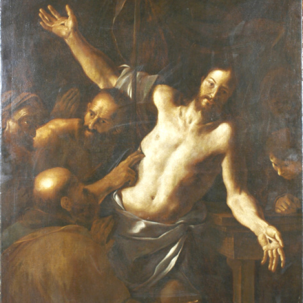 Nevěřící Tomáš, olej na plátně, poslední čtvrtina 17. století, 198 x 150 cm. Nevěřící Tomáš, olej na plátně, poslední čtvrtina 17. století, 198 x 150 cm.