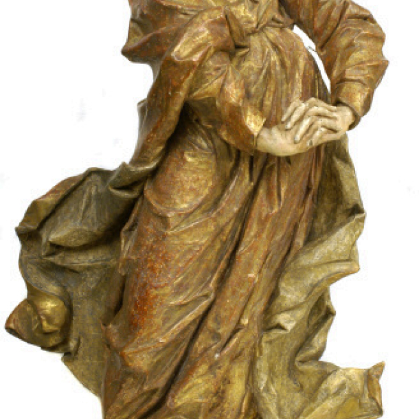 Panna Marie z Kalvárie, polychromovaná a zlacená dřevořezba, Čechy, kolem 1740, v 168 cm. Panna Marie z Kalvárie, polychromovaná a zlacená dřevořezba, Čechy, kolem 1740, v 168 cm.