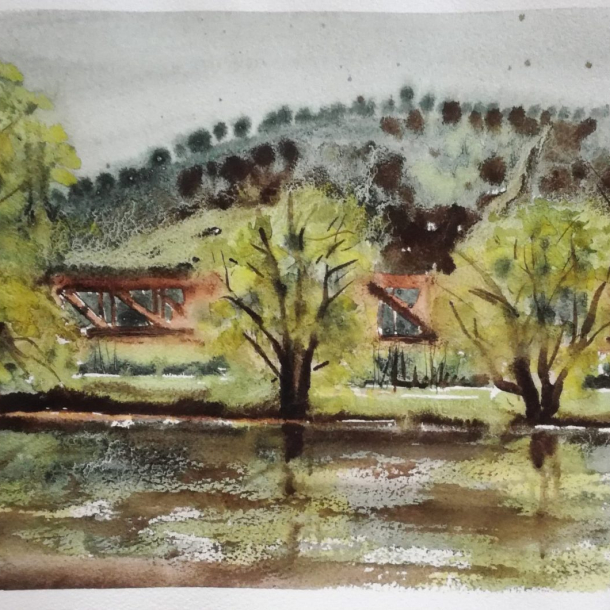 Marie Ladrová, Mokropsy, přírodní barvivo na bavlněném papíře, 42 x 31 cm, 2020 Kurz akvarelu